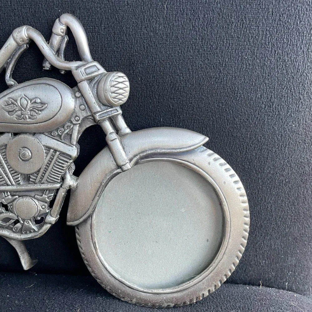 Pewter Harley Motorcycle Picture Frame Holds 2 Photos Signed WF